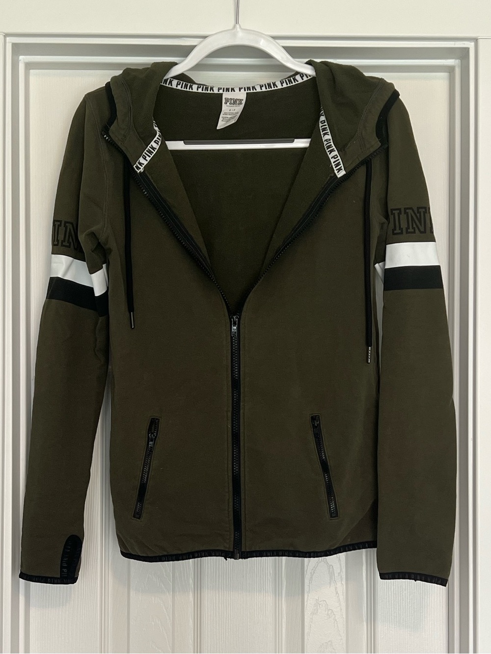 PINK Victoria's Secret Olive Green Zip-Up Hoodie with Black & White Stripes